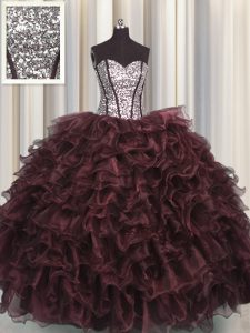 Low Price Visible Boning Brown Sweet 16 Dress Military Ball and Sweet 16 and Quinceanera with Ruffles and Sequins Sweetheart Sleeveless Lace Up
