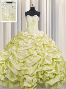Brush Train Light Yellow Ball Gowns Beading and Pick Ups Quinceanera Gowns Lace Up Taffeta Sleeveless