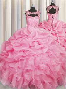 Scoop Sleeveless 15 Quinceanera Dress Floor Length Beading and Pick Ups Rose Pink Organza