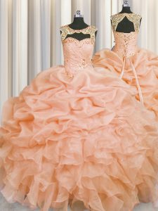 Luxury Organza Scoop Sleeveless Lace Up Beading and Pick Ups Ball Gown Prom Dress in Peach