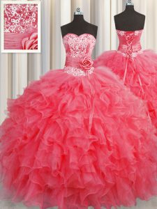 Handcrafted Flower Coral Red Sleeveless Organza Lace Up Sweet 16 Quinceanera Dress for Military Ball and Sweet 16 and Quinceanera