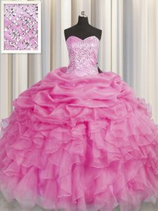 Rose Pink Sleeveless Beading and Ruffles Floor Length Vestidos de Quinceanera