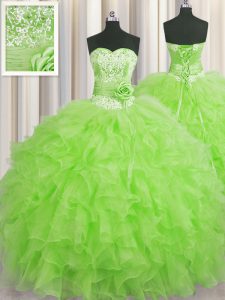 Dramatic Handcrafted Flower Sleeveless Beading and Ruffles and Hand Made Flower Floor Length Quinceanera Gowns