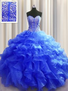 Elegant Visible Boning Floor Length Royal Blue Sweet 16 Dresses Organza Sleeveless Beading and Ruffles