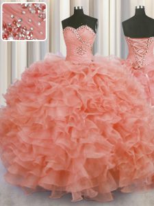 Sleeveless Floor Length Beading and Ruffles Lace Up Ball Gown Prom Dress with Watermelon Red