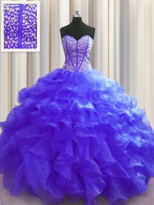 Visible Boning Beading and Ruffles Quinceanera Gowns Purple Lace Up Sleeveless Floor Length