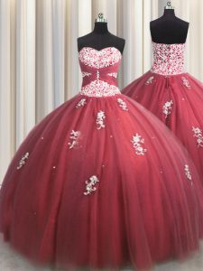 Wine Red Ball Gowns Beading and Appliques Ball Gown Prom Dress Lace Up Tulle Sleeveless Floor Length