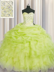 Yellow Green Organza Lace Up Sweetheart Sleeveless Floor Length Sweet 16 Dresses Beading and Ruffles