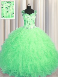 See Through Zipper Up Apple Green Quinceanera Dress Military Ball and Sweet 16 and Quinceanera with Beading and Ruffles Straps Sleeveless Zipper