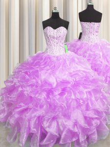 Visible Boning Zipper Up Lilac Zipper 15 Quinceanera Dress Beading and Ruffles Sleeveless Floor Length