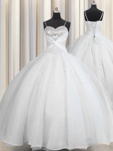 White Lace Up Spaghetti Straps Beading and Ruching Quinceanera Gown Organza Sleeveless
