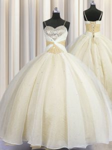Sexy Spaghetti Straps Sleeveless Quince Ball Gowns Floor Length Beading and Ruching Champagne Organza