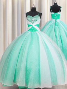 Extravagant Spaghetti Straps Apple Green Sleeveless Organza Lace Up Sweet 16 Quinceanera Dress for Military Ball and Sweet 16 and Quinceanera