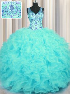 Aqua Blue Ball Gowns V-neck Sleeveless Organza Floor Length Zipper Beading and Appliques and Ruffles Quince Ball Gowns