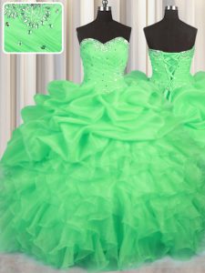 Organza Sweetheart Sleeveless Lace Up Beading and Ruffles and Ruching and Pick Ups Sweet 16 Quinceanera Dress in Green