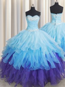 Sexy Multi-color Lace Up Quince Ball Gowns Beading and Ruffles and Ruffled Layers and Sequins Sleeveless Floor Length