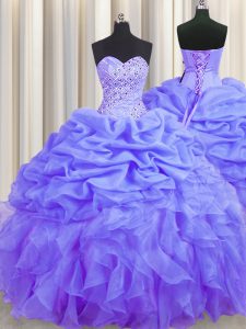 Lavender Lace Up Quinceanera Dress Beading and Ruffles and Pick Ups Sleeveless Floor Length
