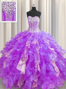 Fabulous Visible Boning Floor Length Lace Up Sweet 16 Dresses Lavender for Military Ball and Sweet 16 and Quinceanera with Beading and Ruffles and Sequins