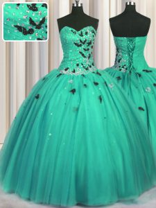 Gorgeous Turquoise Ball Gowns Beading and Appliques Quinceanera Gown Lace Up Tulle Sleeveless Floor Length