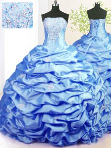 Fancy Baby Blue Lace Up Strapless Beading and Pick Ups Quinceanera Gown Taffeta Sleeveless Sweep Train