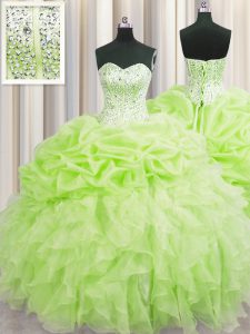 Elegant Visible Boning Yellow Green Sweetheart Neckline Beading and Ruffles and Pick Ups Quince Ball Gowns Sleeveless Lace Up