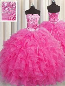Most Popular Handcrafted Flower Sweetheart Sleeveless Lace Up Sweet 16 Quinceanera Dress Hot Pink Organza