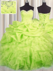 Sleeveless Floor Length Beading and Ruffles and Ruching and Pick Ups Lace Up 15th Birthday Dress with Yellow Green
