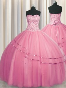 Fantastic Visible Boning Big Puffy Sleeveless Floor Length Beading Lace Up Sweet 16 Dress with Rose Pink