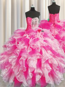 Popular Pink And White Sweetheart Neckline Beading and Ruffles and Ruching 15th Birthday Dress Sleeveless Lace Up