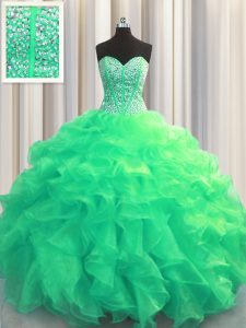 Visible Boning Turquoise Lace Up Ball Gown Prom Dress Beading and Ruffles Sleeveless Floor Length