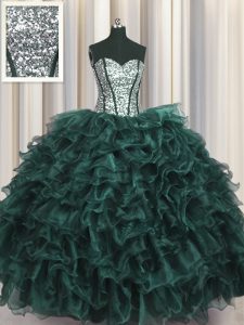 Wonderful Visible Boning Floor Length Lace Up 15th Birthday Dress Peacock Green for Military Ball and Sweet 16 and Quinceanera with Ruffles and Sequins