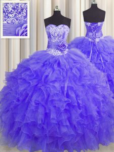 High Quality Handcrafted Flower Floor Length Lavender Quinceanera Dress Sweetheart Sleeveless Lace Up
