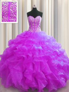 Noble Visible Boning Fuchsia Ball Gowns Organza Sweetheart Sleeveless Beading and Ruffles Floor Length Lace Up 15 Quinceanera Dress
