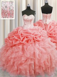 Visible Boning Watermelon Red Sleeveless Floor Length Ruffles and Pick Ups Lace Up Ball Gown Prom Dress