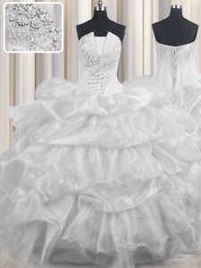 White Lace Up Strapless Beading and Ruffled Layers and Pick Ups 15 Quinceanera Dress Organza Sleeveless