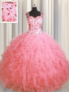 Customized See Through Zipper Up Pink Zipper Square Beading and Ruffles Quince Ball Gowns Organza Sleeveless