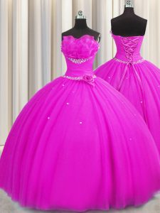 Handcrafted Flower Fuchsia Sleeveless Floor Length Beading and Sequins and Hand Made Flower Lace Up Quinceanera Gowns