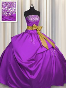 Floor Length Purple Quince Ball Gowns Satin Sleeveless Beading and Bowknot