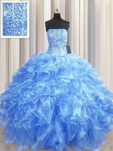 Elegant Visible Boning Baby Blue Ball Gowns Strapless Sleeveless Organza Floor Length Lace Up Beading and Ruffles Quince Ball Gowns
