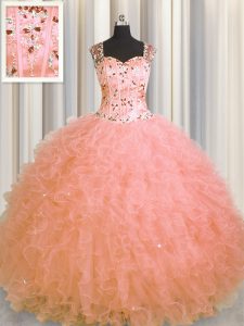 Delicate See Through Zipper Up Floor Length Watermelon Red Quince Ball Gowns Tulle Sleeveless Beading and Ruffles
