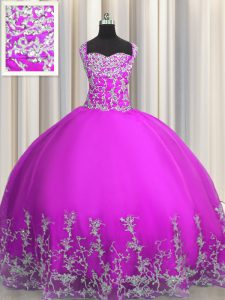Deluxe Purple Tulle Lace Up Vestidos de Quinceanera Sleeveless Floor Length Beading and Appliques