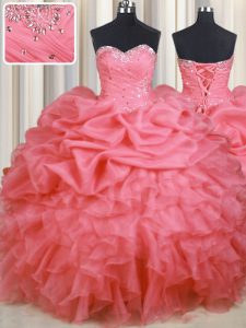Inexpensive Watermelon Red Sweetheart Lace Up Beading and Ruffles and Ruching and Pick Ups Sweet 16 Quinceanera Dress Sleeveless