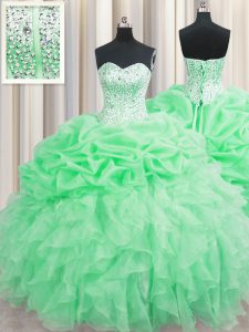 Designer Visible Boning Apple Green Lace Up Quinceanera Gown Beading and Ruffles and Pick Ups Sleeveless Floor Length