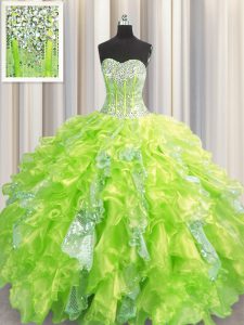 Dazzling Visible Boning Yellow Green Ball Gowns Sweetheart Sleeveless Organza and Sequined Floor Length Lace Up Beading and Ruffles and Sequins Sweet 16 Quinceanera Dress