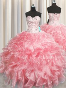 Visible Boning Zipper Up Organza Sweetheart Sleeveless Zipper Beading and Ruffles Quinceanera Gowns in Baby Pink