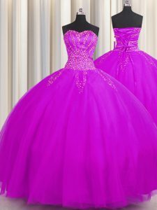 Really Puffy Floor Length Purple Sweet 16 Dress Tulle Sleeveless Beading