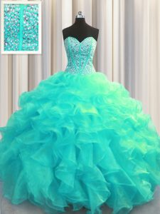 Visible Boning Beading and Ruffles Ball Gown Prom Dress Aqua Blue Lace Up Sleeveless Floor Length