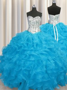 Customized Floor Length Aqua Blue Quinceanera Dress Organza Long Sleeves Beading and Ruffles
