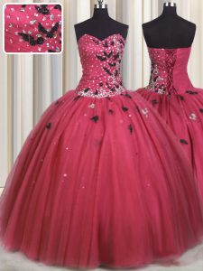 Coral Red Sleeveless Floor Length Beading and Appliques Lace Up Quince Ball Gowns