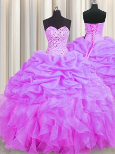 Sweetheart Sleeveless Quinceanera Gowns Floor Length Beading and Ruffles and Pick Ups Lilac Organza